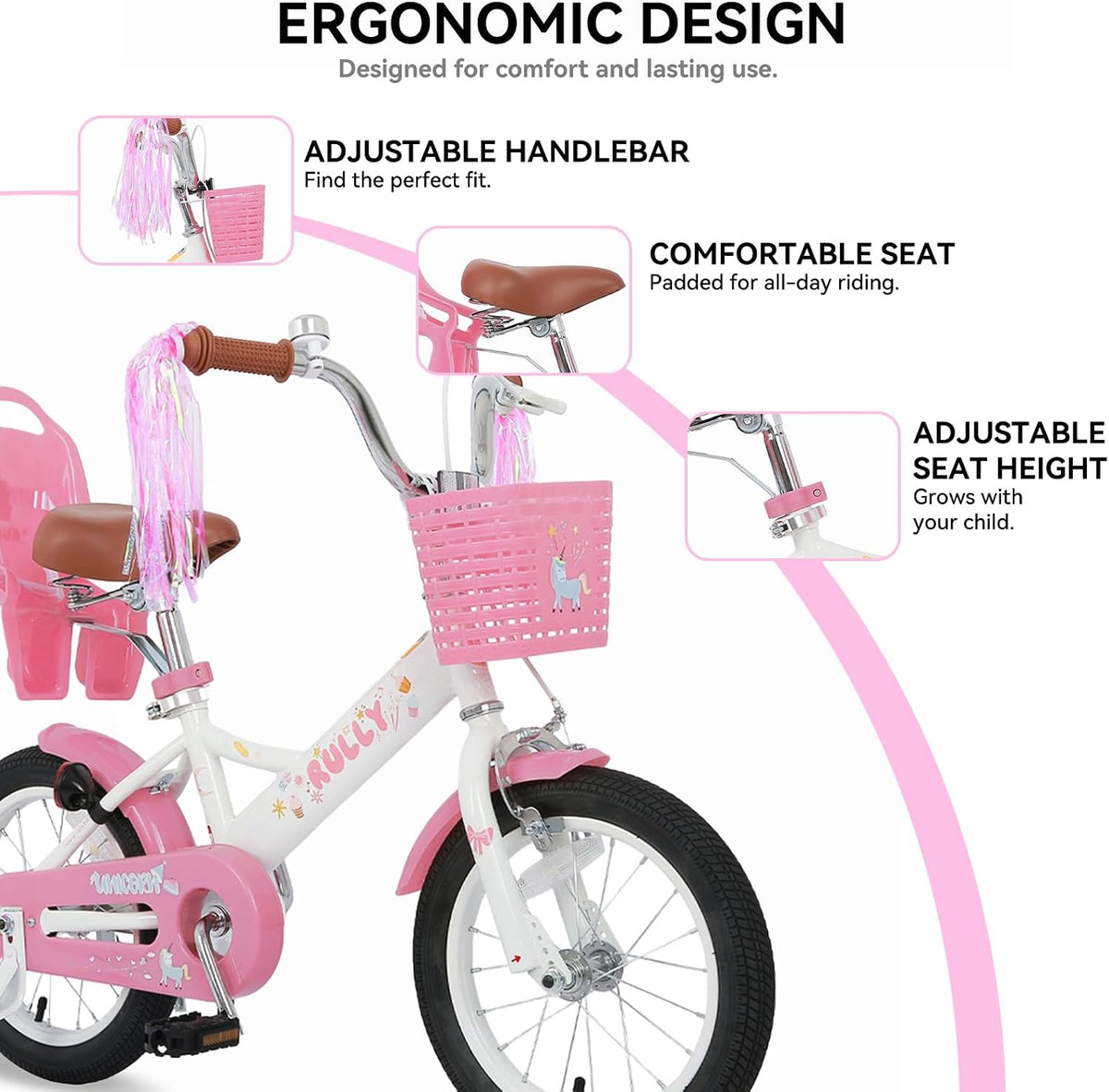 RULLY pink unicorn kids bike with training wheels, front basket, doll seat and streamers - view 17