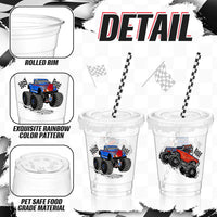 Teenyyou 12 oz clear plastic party cups with dirt bike design, lids and paper straws - view 14