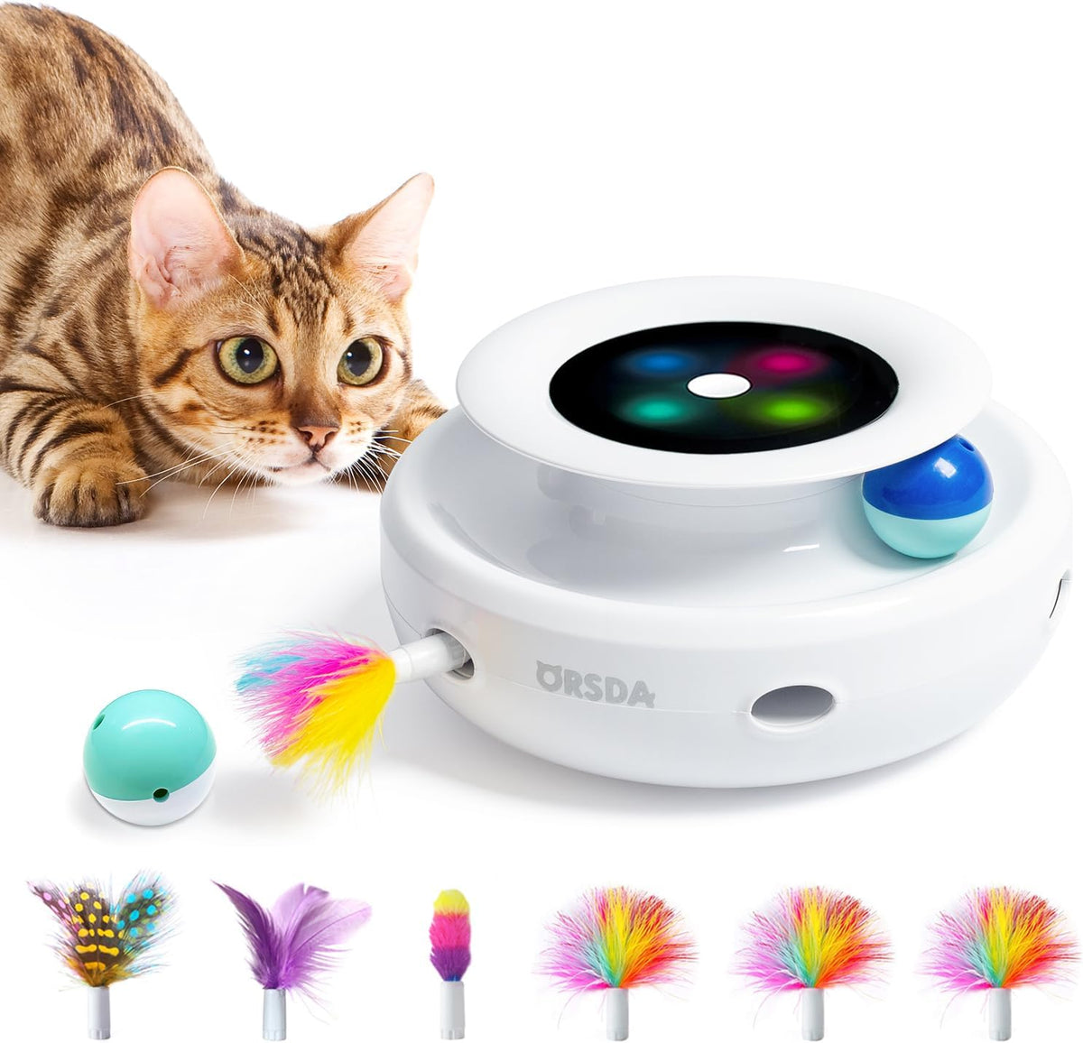 ORSDA 2in1 Interactive Toys for Indoor Cats, Timer Auto On/Off - Lvory White