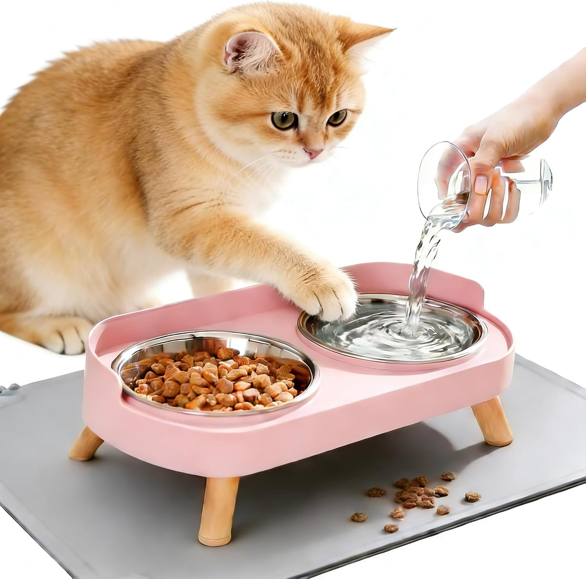 Elevated Cat Bowls with Food Mat - Pink