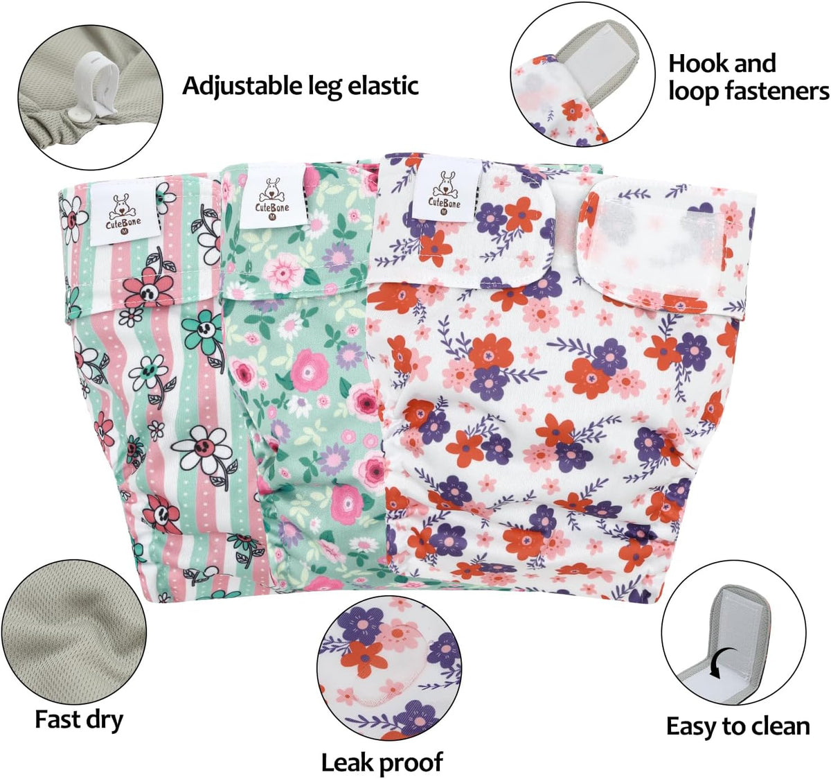 CuteBone Washable Dog Diapers Female No Tail Hole 3 Pack Reusable - For docked-tail, 5#Floral / XS - image 4