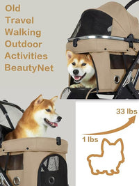 JK Pawadore 4 Wheels Pet Stroller Best Lightweight Foldable Portable Secure Easy Lock NO-Zip 180 ̊ Canopy Sun Shades Waterproof for Small/Medium Dogs 33lbs with Large Storage Basket (Khaki)