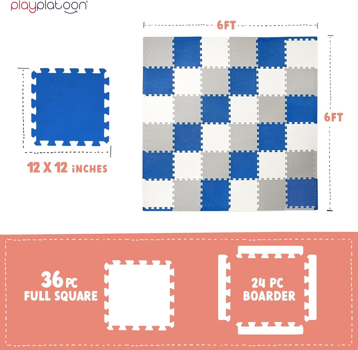 Non-Toxic Extra-Thick 36 Piece Children Play & Exercise Mat - 6 ft x 6 ft (Square) / Grey/Cream/Navy - image 2