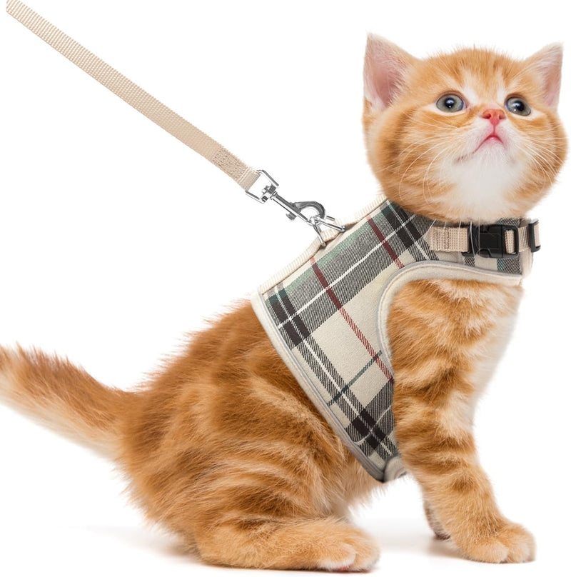 PUPTECK Soft Mesh Cat Vest Harness and Leash Set Puppy Padded Pet - S(NECK 6", CHEST 8.5", 2-4 lbs) / Beige(Plaid)