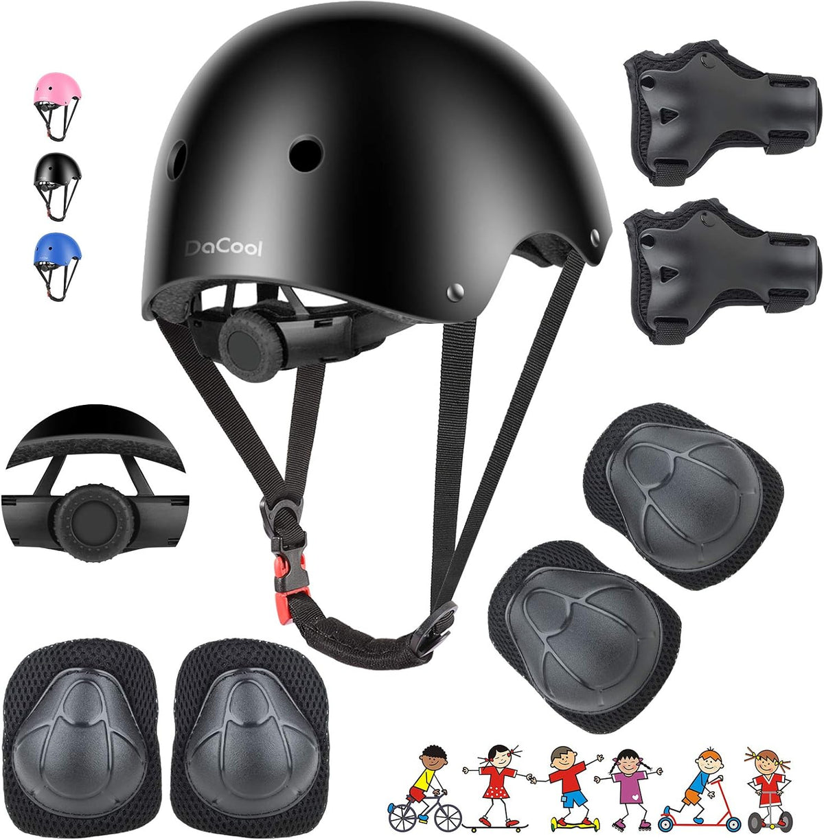 DaCool Kids Bike Helmet Set Skateboard Knee Pads - 3-Black