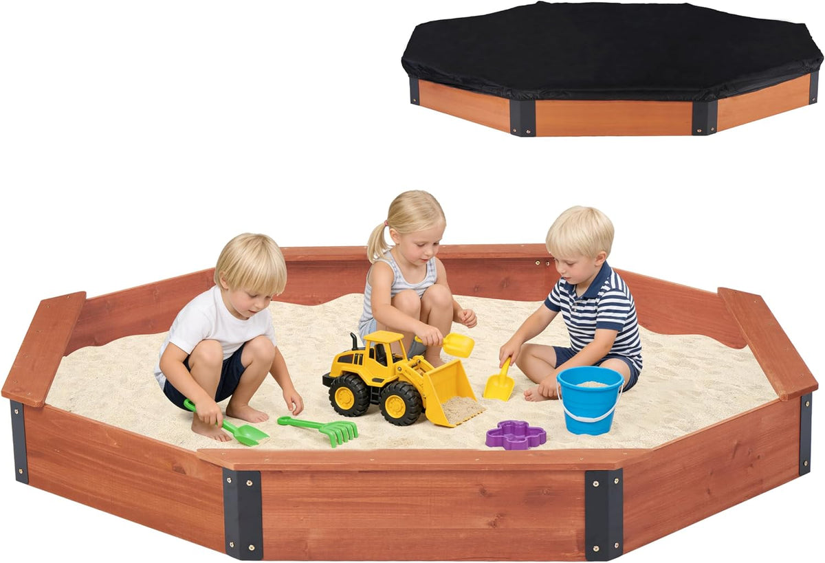 85''x78''x9'' Octagon Sandbox with Cover for Kids Outdoor Play