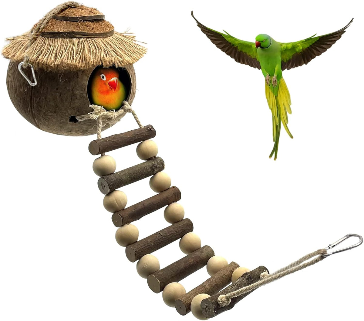 Natural Coconut Hide with Ladder Perches Hanging Bird House Toy - 1pc Coconut Fiber Birds Nest and Swing Toy