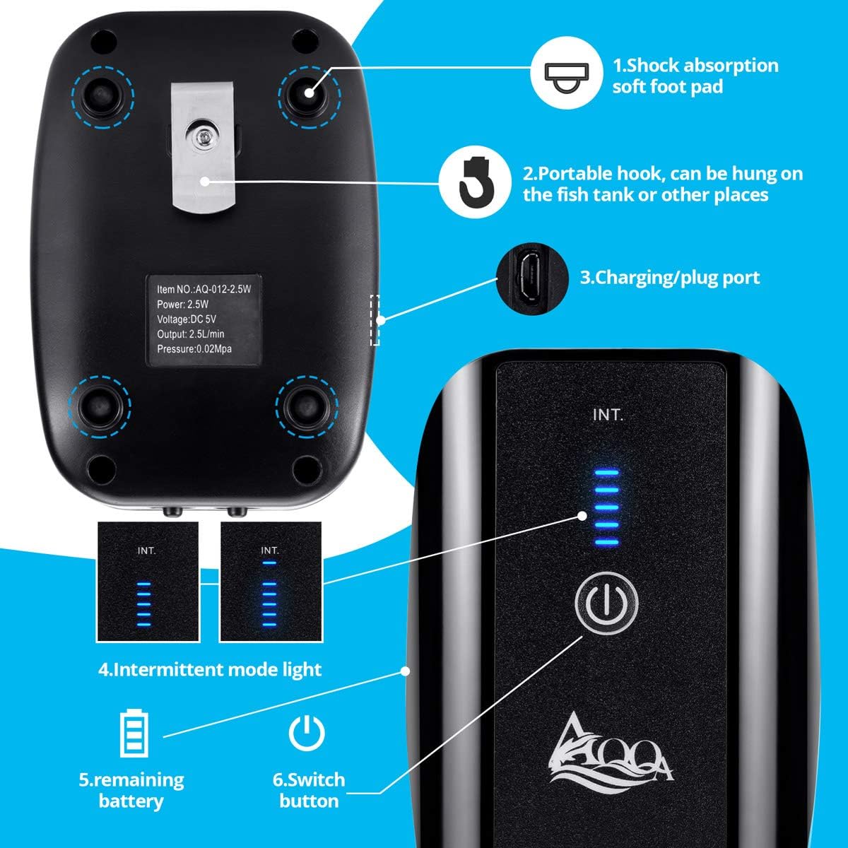 AQQA Aquarium Air Pump Battery Powered USB Rechargeable Aerator - 5W(0-160gallon) - image 3