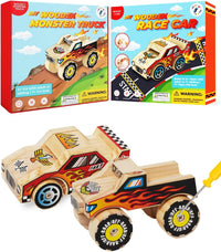 Little Jupiter DIY Wooden Kits w/Stickers, Kids Building Kit - Race Car & Monster Truck #1