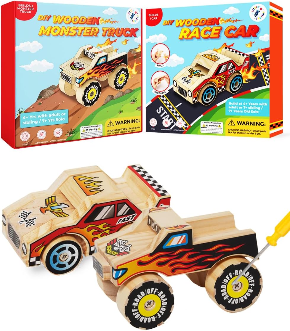 Little Jupiter DIY Wooden Kits w/Stickers, Kids Building Kit - Race Car & Monster Truck #1