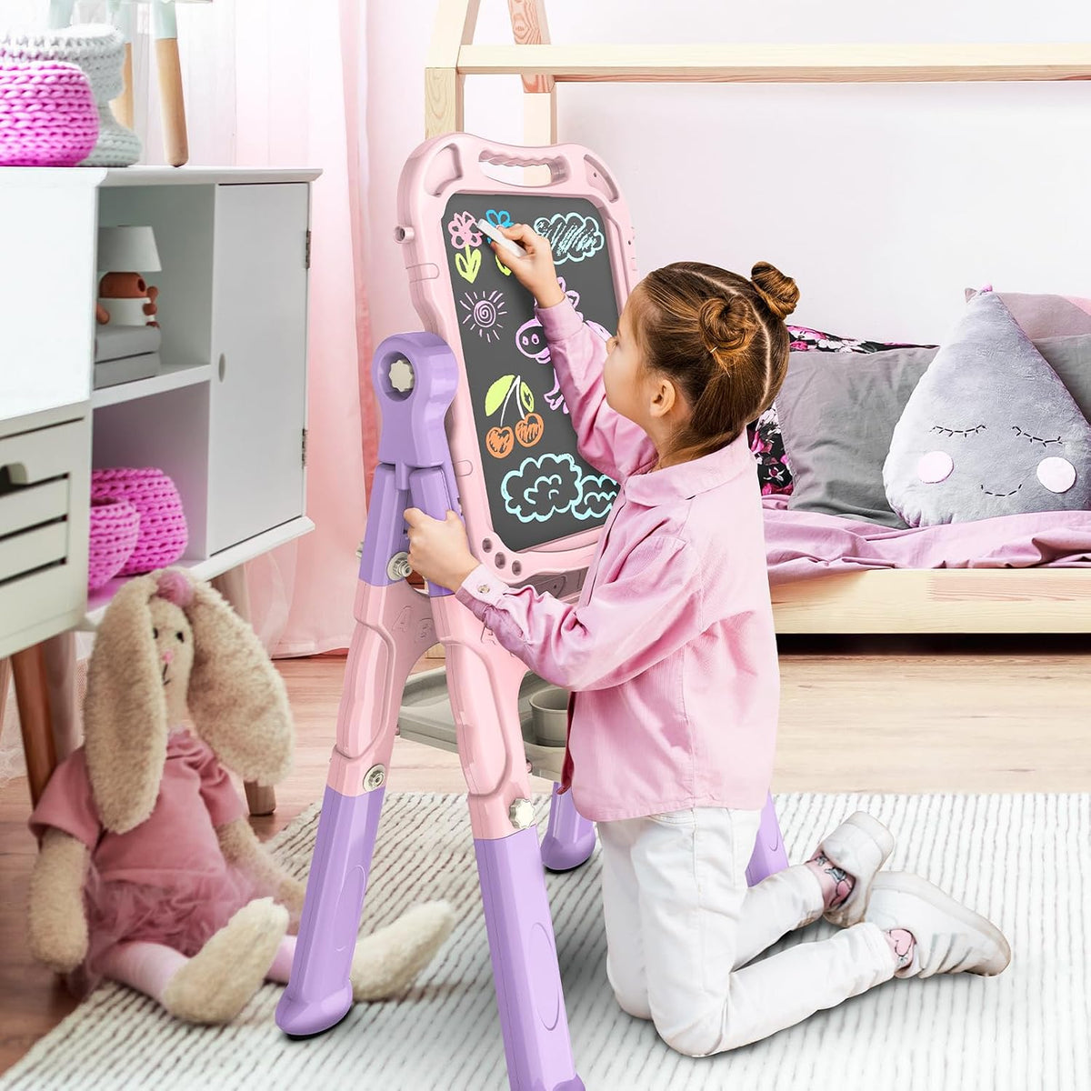 Amagoing Easel for Kids, Adjustable Standing Art Easel for Toddler, Double Side White Chalk Board - Purple Pink - image 4
