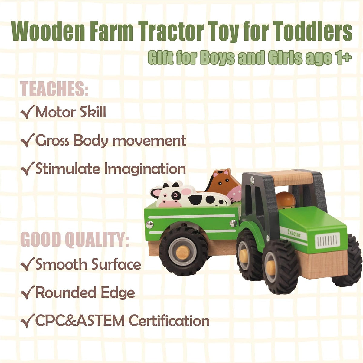 Wooden Tractor Toys for Toddlers 1-3, Kids Vehicle Hand Push Car - image 2