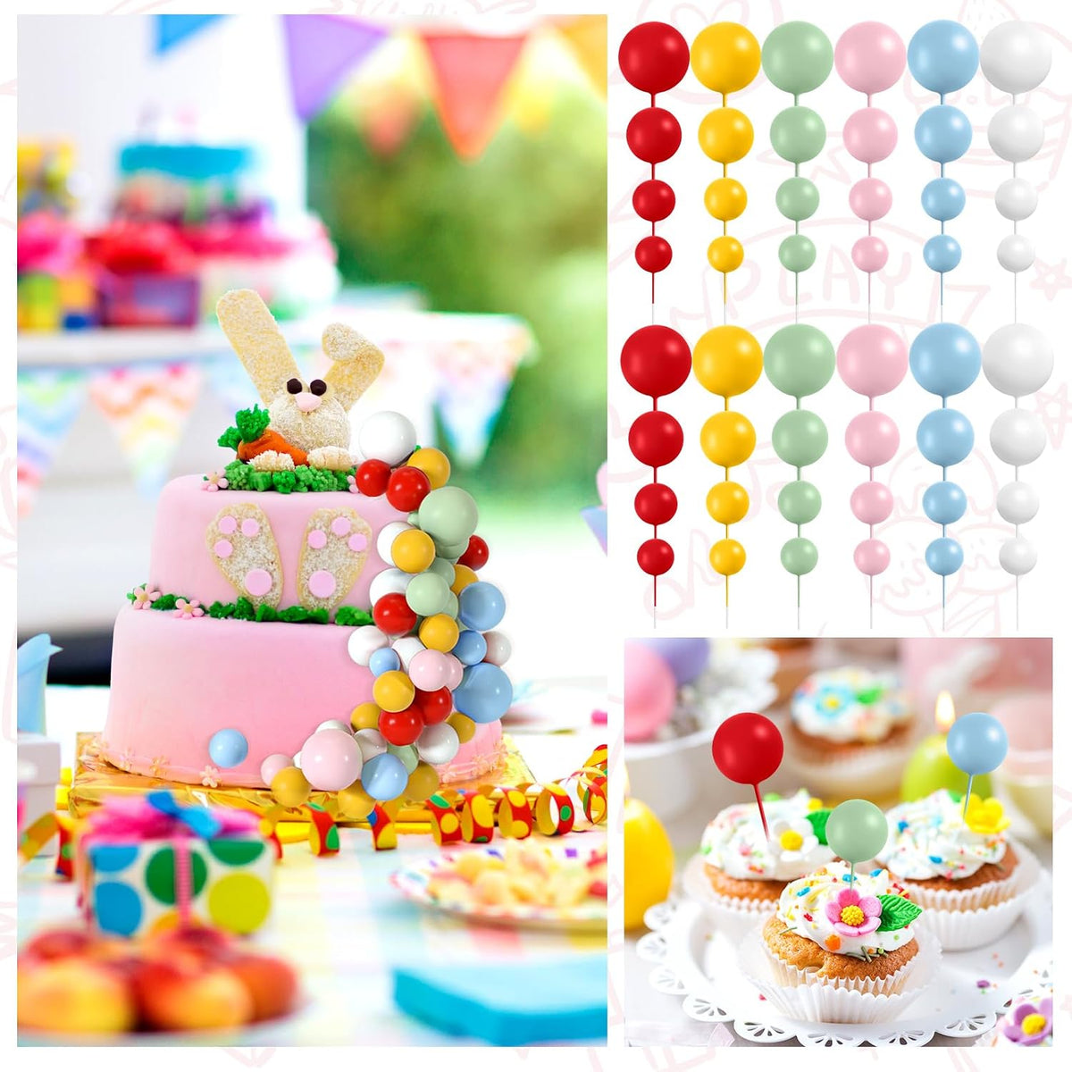 48 Pcs Balls Cake Topper Decorations Balloon Cupcake Toppers Foam - Red,yellow,green,pink,blue,white - image 4