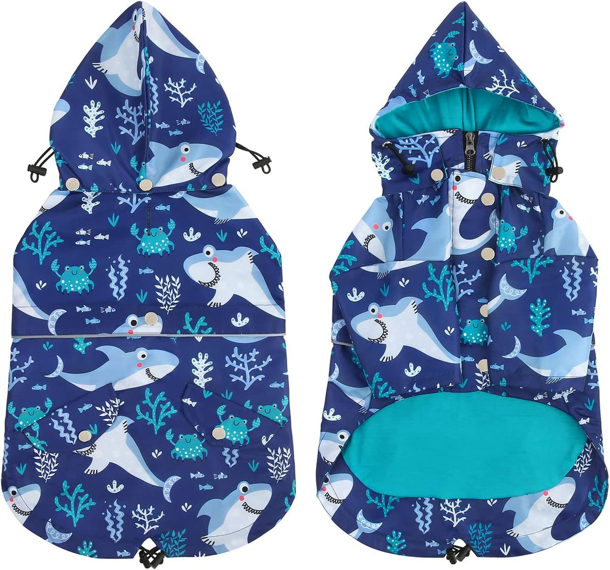 HDE Premium 2-Layer Zip Dog Raincoat Poncho w/Leash Hole & Hood - Small / Sharks - image 4