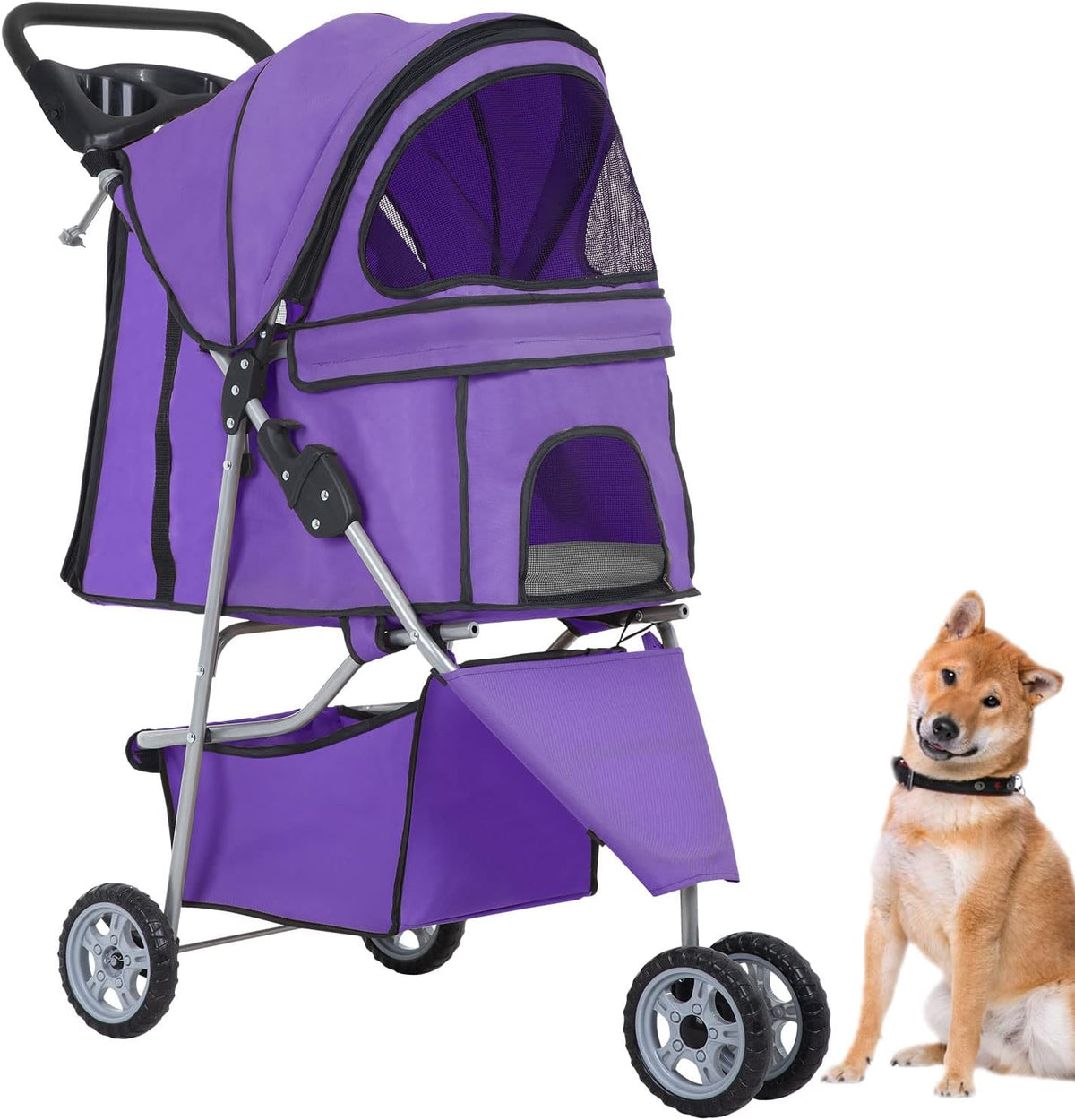 BestPet, 4-Wheel Foldable Pet Stroller, Lightweight & Portable - Purple / 3 Wheels