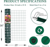 Green PVC Coated Welded Wire Fence 36 Inch x 25 Foot, 2 Inch x 3 Inch 16GA, Garden Border Fencing Roll Vinyl Coating Metal Wire Mesh for Yard Vegetable Plant Protection Poultry Netting