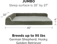 Furhaven Cooling Gel Dog Bed for Large Dogs w/ Removable Bolsters & Washable Cover, For Dogs Up to 95 lbs - Two-Tone Plush Faux Fur & Suede L Shaped Chaise - Dark Sage, Jumbo/XL