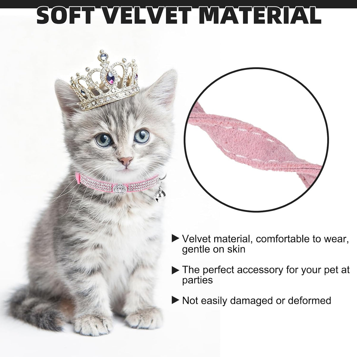 2 Pack Soft Velvet Safe Bling Diamond Cat Collars with Bells – Essentials for Cats - Black + Pink(Crown 2 Pack) / 9"-12" Cats / Mini Dogs - image 3