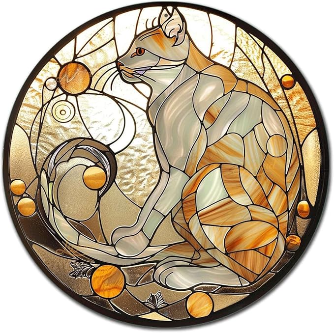 Lygond Metal Tin Sign - Circular Stained Glass Cat Garden Sign for Garage - 1212 Inches