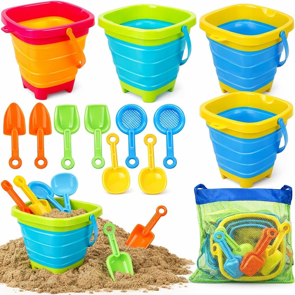 TOY Life Collapsible Beach Sand Toy Set, Silicone Beach Bucket - Assorted 4 Collapsible Bucket Beach Toys