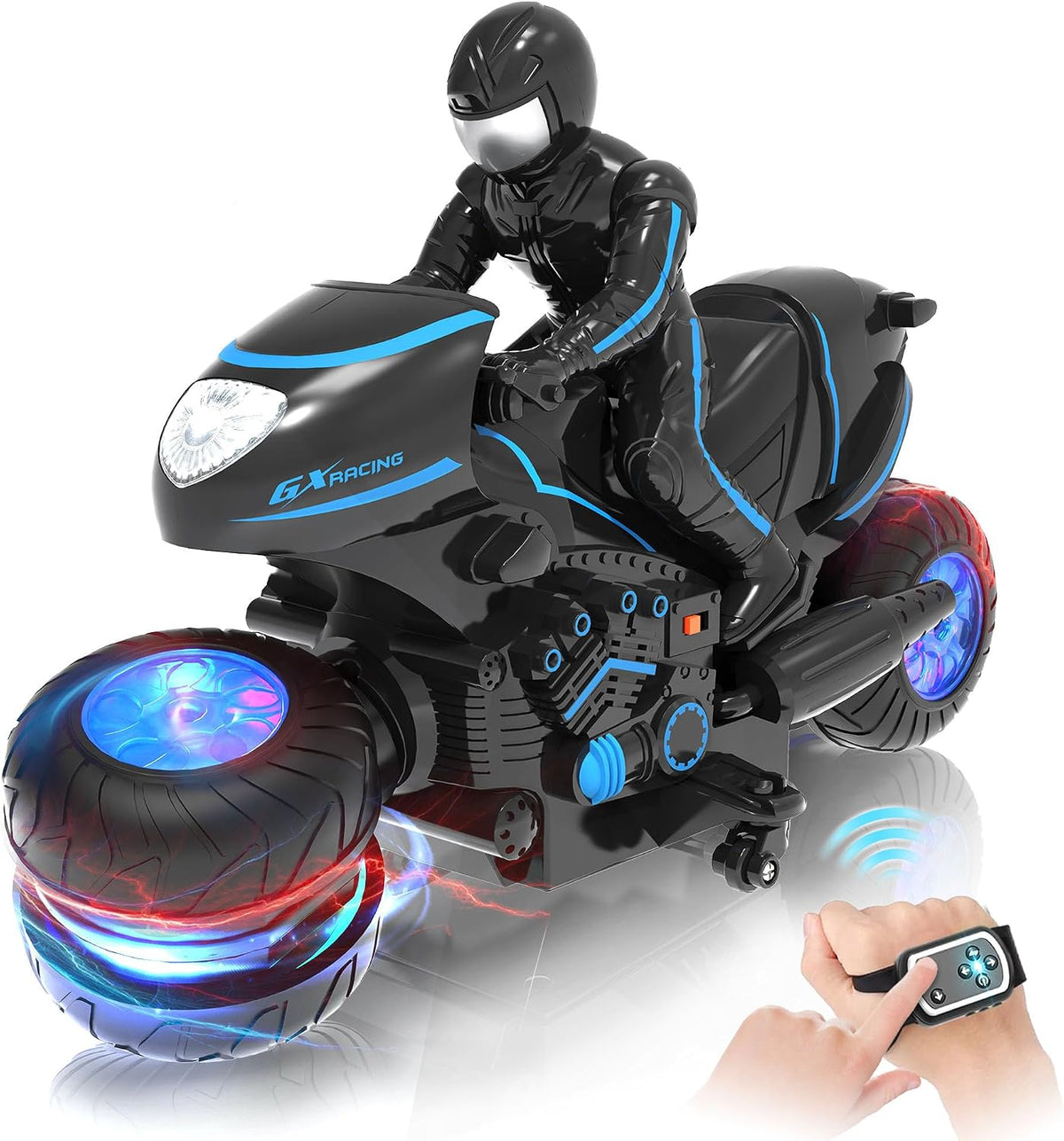 Eulogia remote control motorcycle with glowing RGB wheels, detachable rider and side wheels