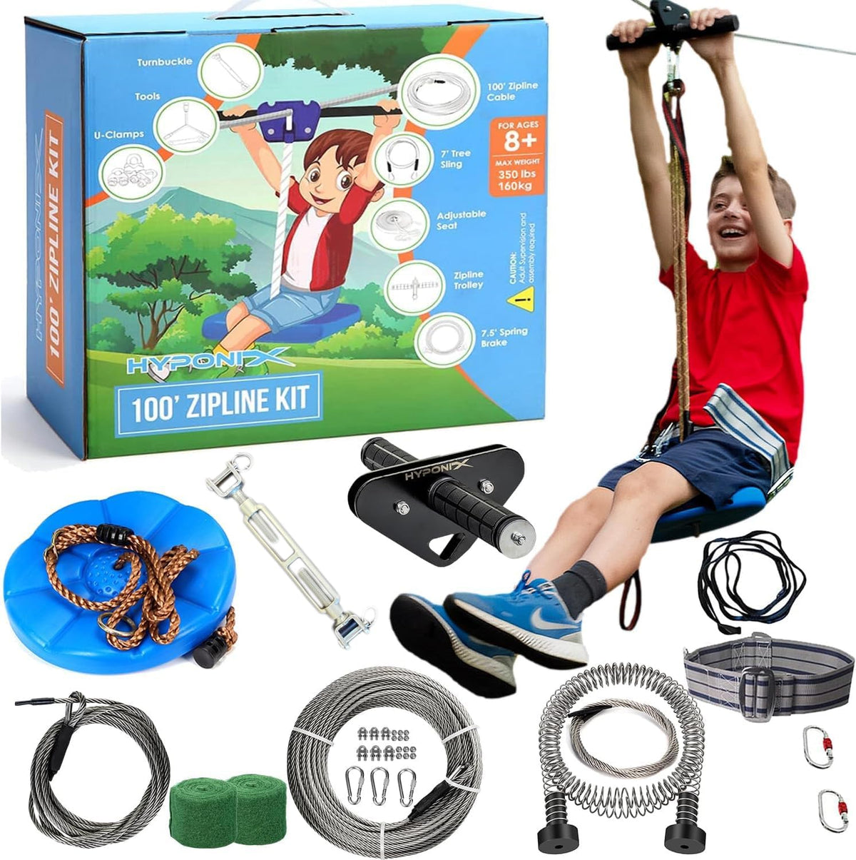 Hyponix Zip Line Kit for Backyard Kids and Adults 100 ft - 100' Zipline Kit