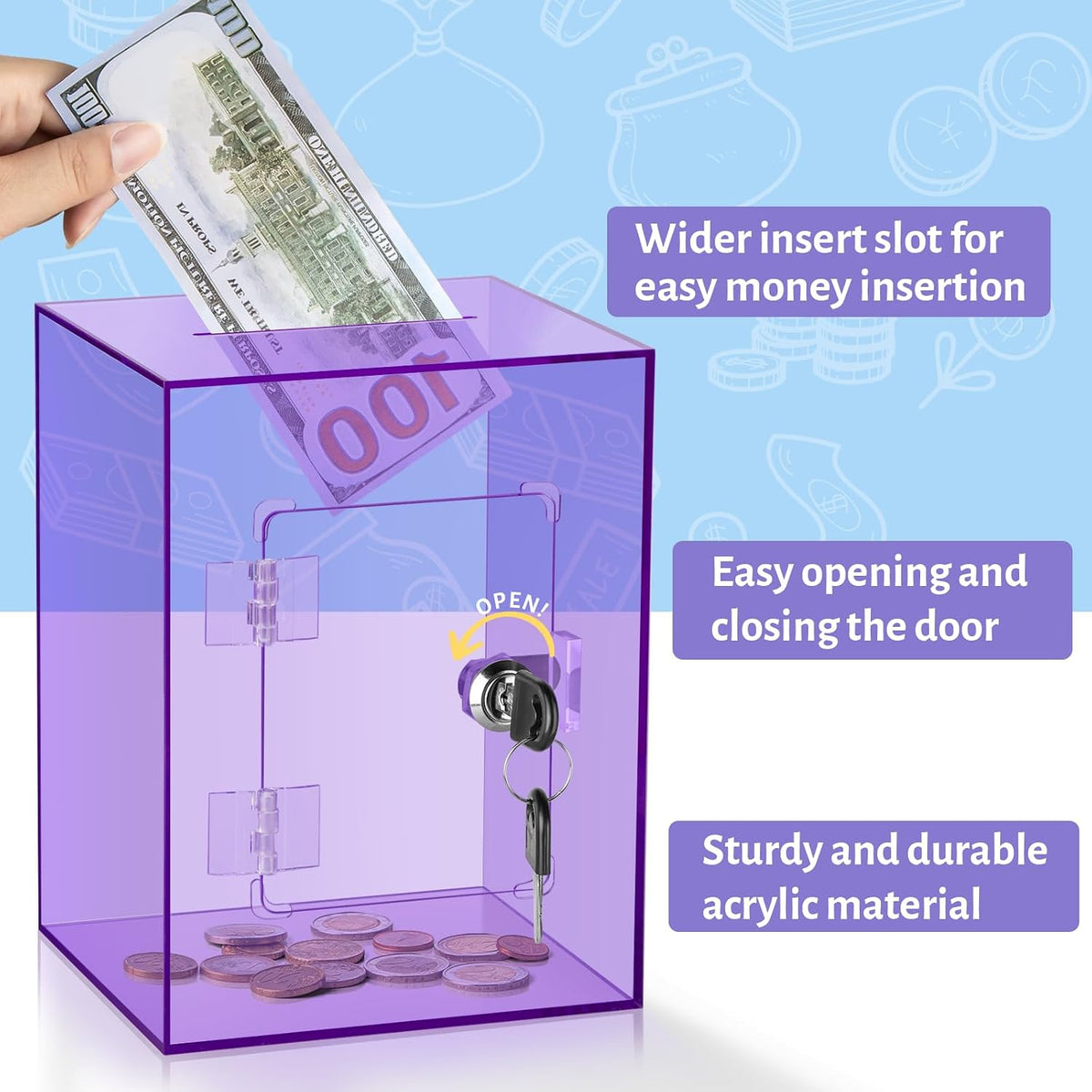 Clear Pink Piggy Bank with Lock & Key for Adults - Purple - image 3
