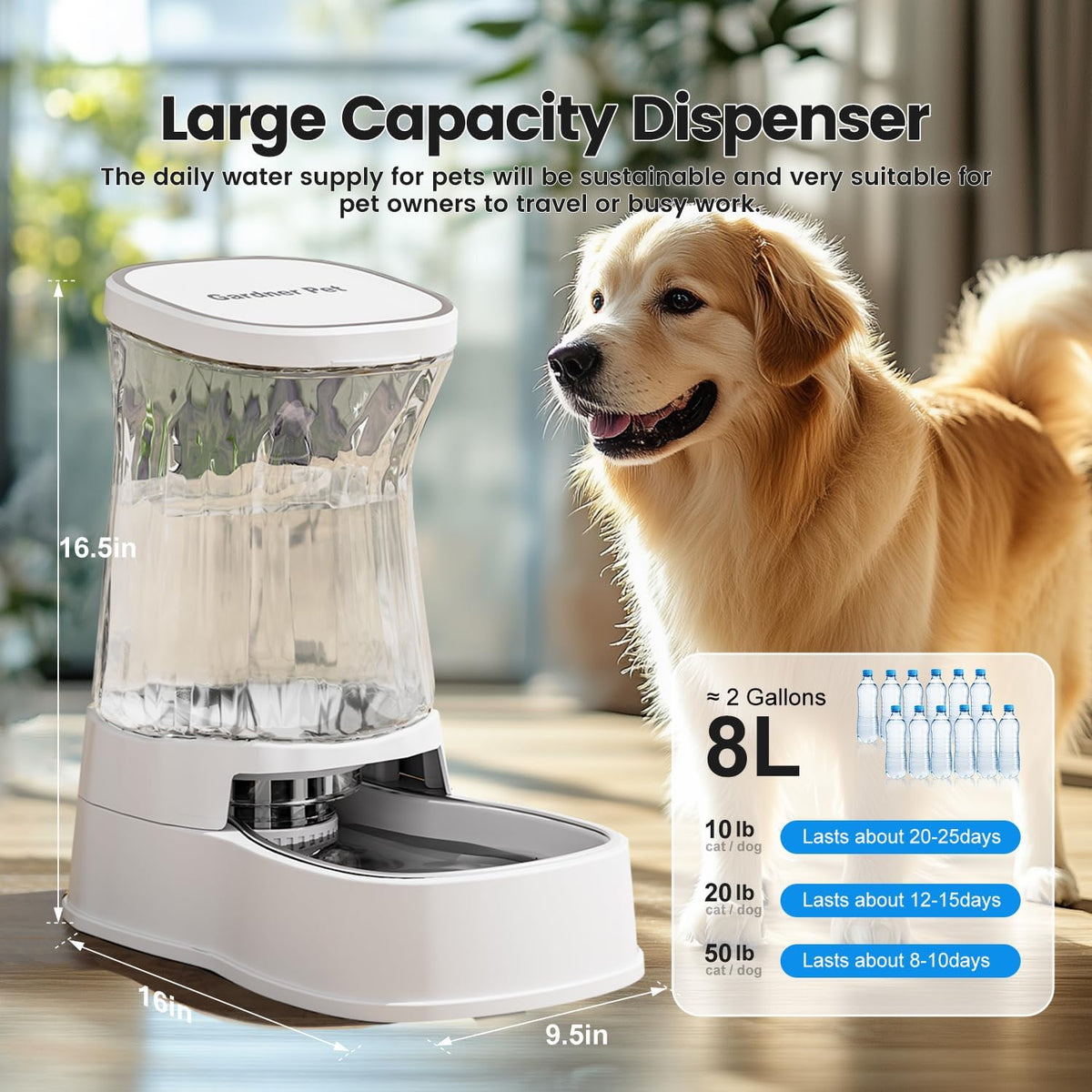 Automatic Dog Water Dispenser, Stainless Steel Bowls Feeder - White / 2.1 Gallon - image 2