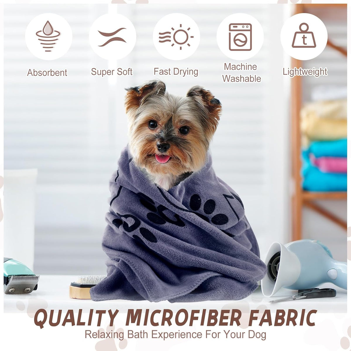 Fanfanwin 4 Pcs Dog Bath Towels Microfiber Drying Dog Towel Absorbent - Gray, Brown, Blue, Wind Red - image 4