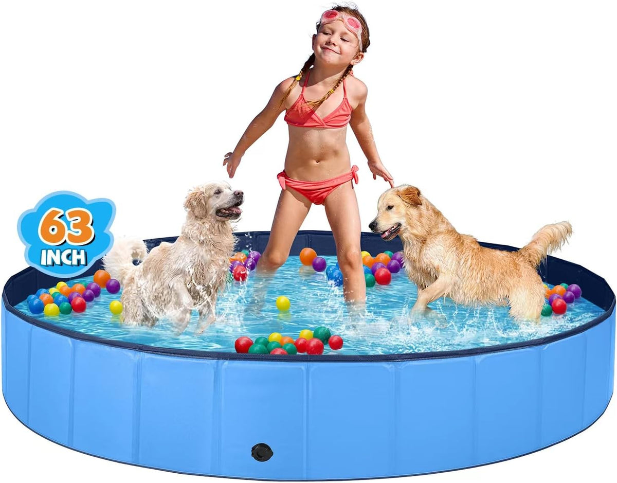 Jecoo Dog Pool for Large Dogs Kiddie Pool Hard Plastic Foldable Dog - Blue / XL-63" x 12"