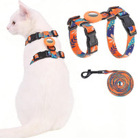 Cat Harness and Leash Set with Airtag Holder for Walking & Travelling - Orange Print