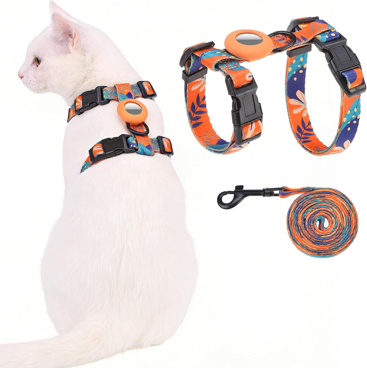 Cat Harness and Leash Set with Airtag Holder for Walking & Travelling - Orange Print