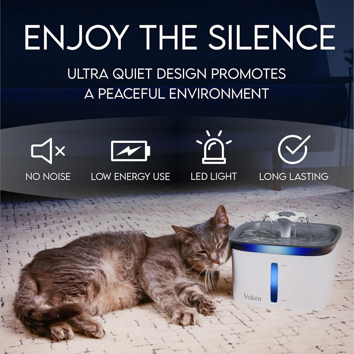 Veken Innovation Award Winner 95oz/2.8L Cat Water Fountain - Grey / 6 Filters+6 Sponges - image 4
