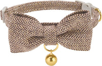 Breakaway Cat Collar with Bow Tie and Bell Adjustable Soft Corduroy - Small: Neck 7.5" - 11.0" / Tweed-Brown