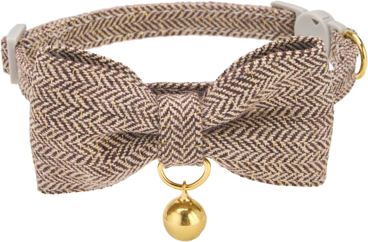 Breakaway Cat Collar with Bow Tie and Bell Adjustable Soft Corduroy - Small: Neck 7.5" - 11.0" / Tweed-Brown
