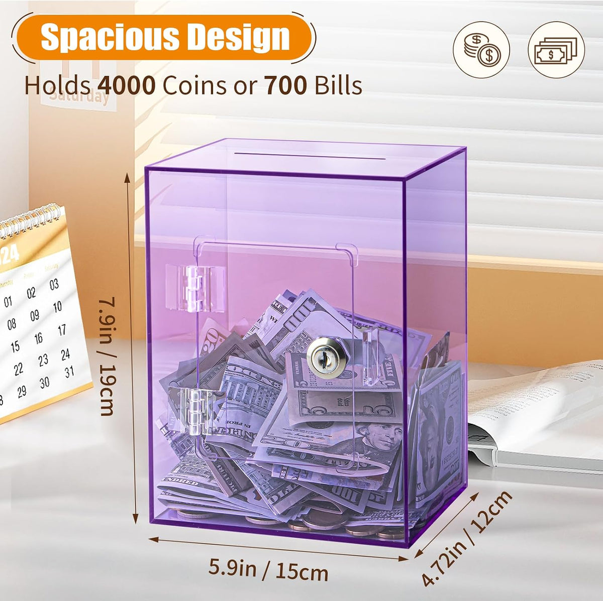 Hicocool Clear Acrylic Piggy Bank with Lock & Key - Purple - image 3