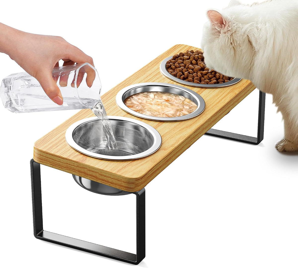 Elevated Cat Bowls with 3 Stainless Steel Bowls - Bamboo 1 PACK