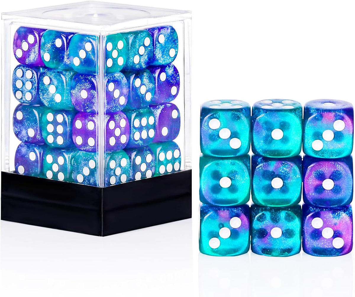 24 of Pack 16MM 6 Sided Dice Set, Two Colours D6 Game Dice Set - Green Purple Glitter