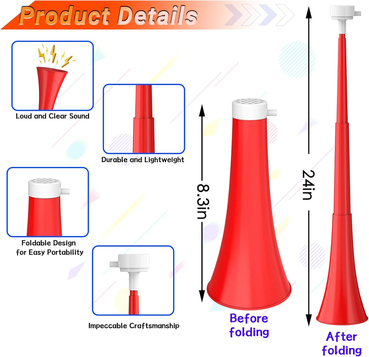 Collapsible Stadium Horn 24 Inch Vuvuzela Trumpet Blow Horns - Red - image 3