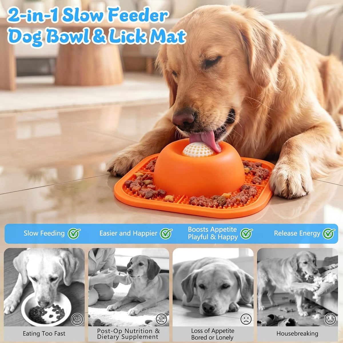 Slow Feeder Dog Bowls & Lick Mat for Liquid and Thick Treat - Large / Orange - image 2