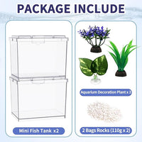 Mini Betta Fish Tank, Small Fish Bowl for Temporary Space, 0.2 Gallon Stackable Cube Tank with Artificial Plants and Gravels for Small Fish, Insect, Shrimp, Crab, Spider.(Pack-2)