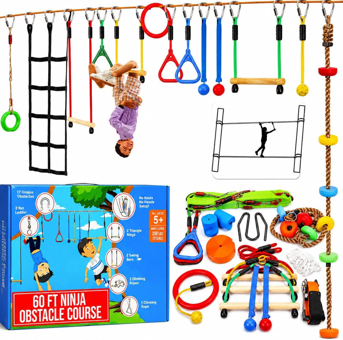 Hyponix Ninja Warrior Obstacle Course for Kids, 13 Obstacles - 2 x 60' + 13 Obstacles / Multicolor