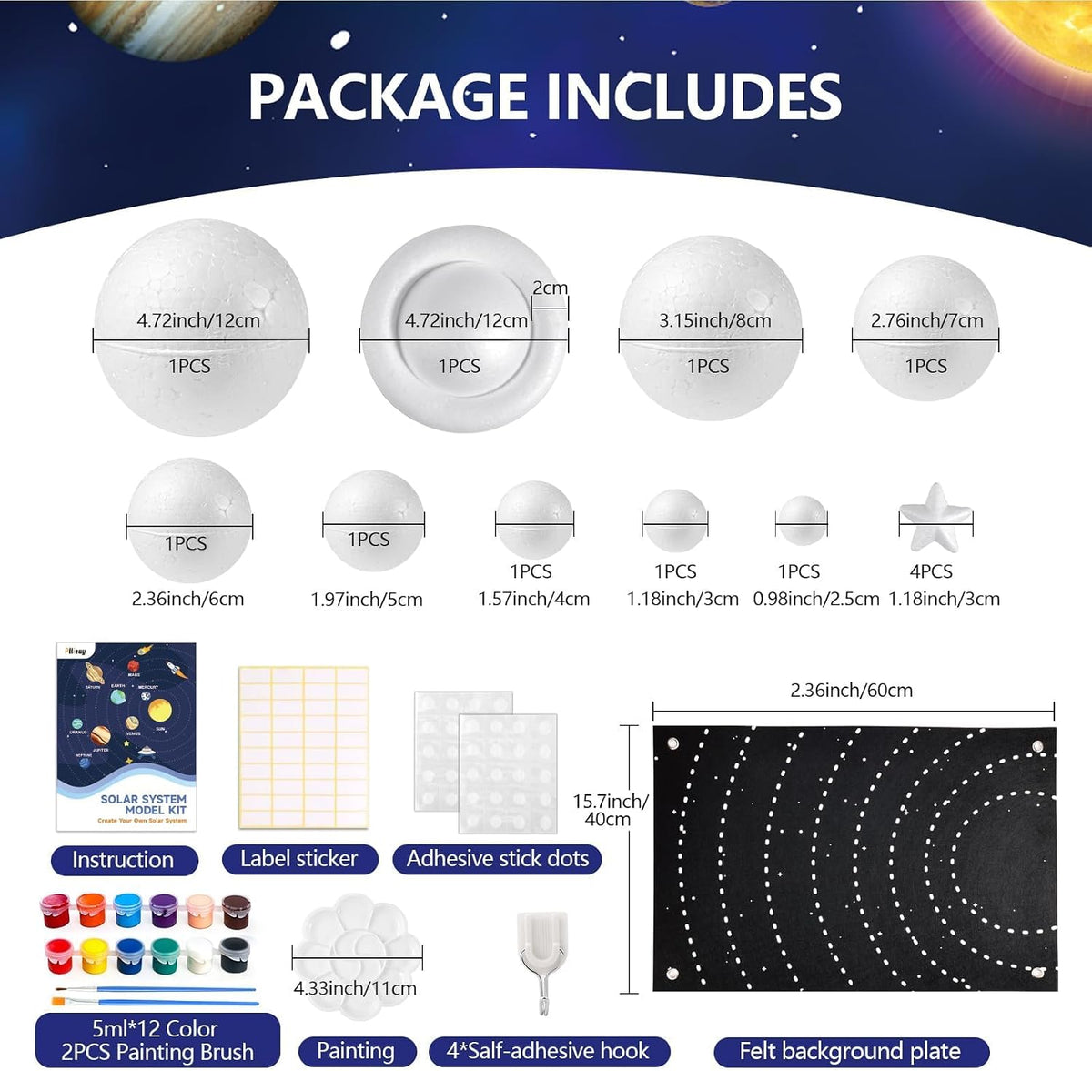 Pllieay solar system model kit with felt background, painted foam planets and stars - view 2