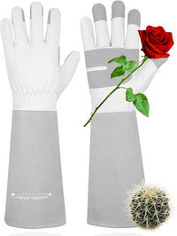 HANDLANDY Long Gardening Gloves for Men & Women, Thorn Proof Rose Pruning Gloves Leather Gauntlets Garden Glove Yard Work Glove (Large, Grey)