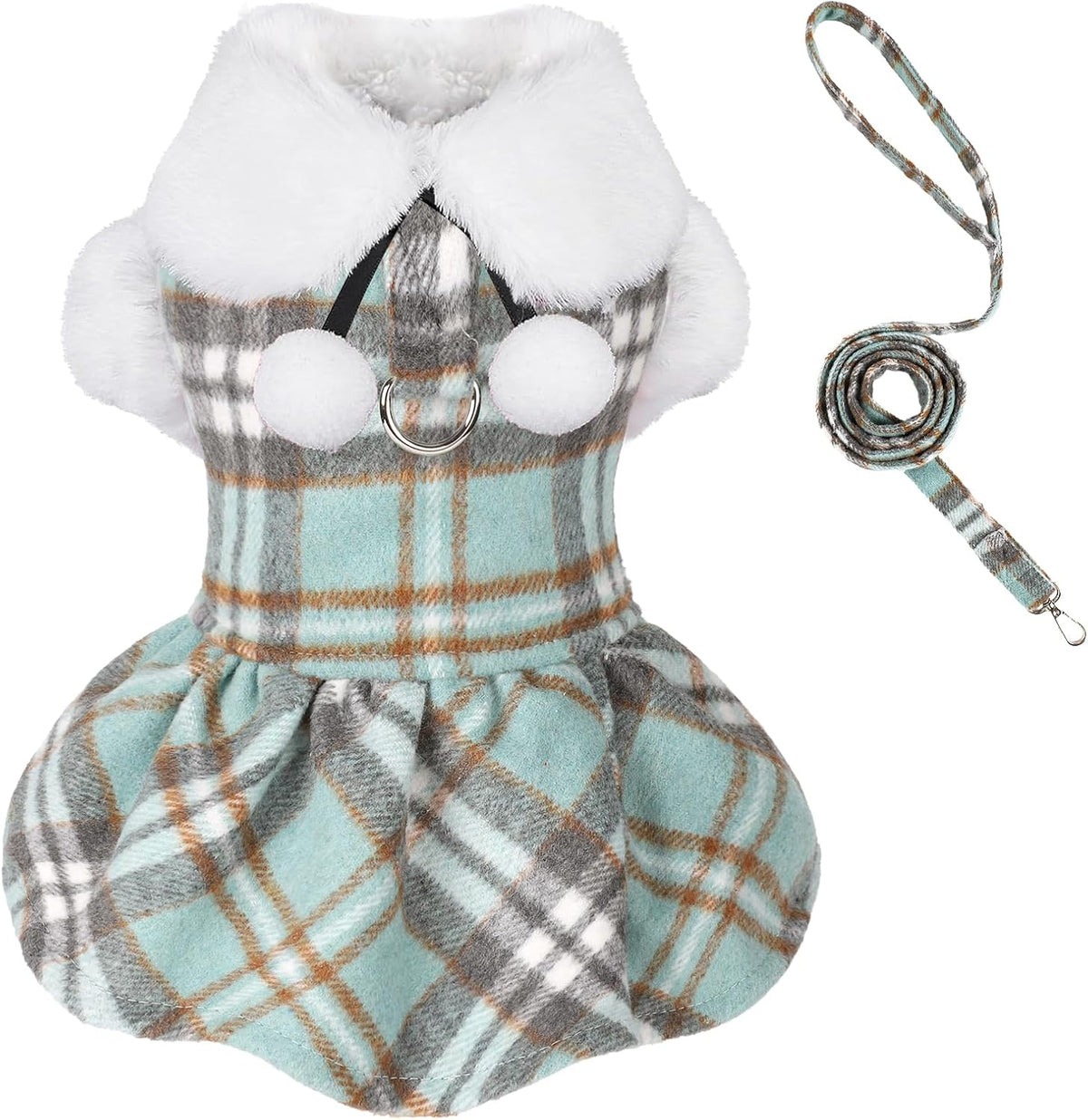 Dog Sweater with Leash Set D Ring Plaid Fleece Dog Clothes for Small - Medium (Chest 17in ) / Turquoise with Leash - image 4