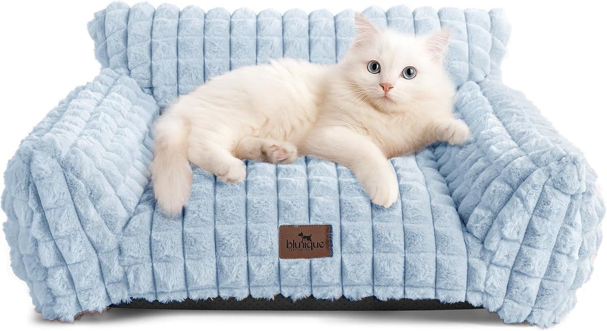 Cat Couch Bed with Fluffy Faux Rabbit Fur for Indoor Cats - Light Blue / Small: 24"L x 18"W x 10"Th