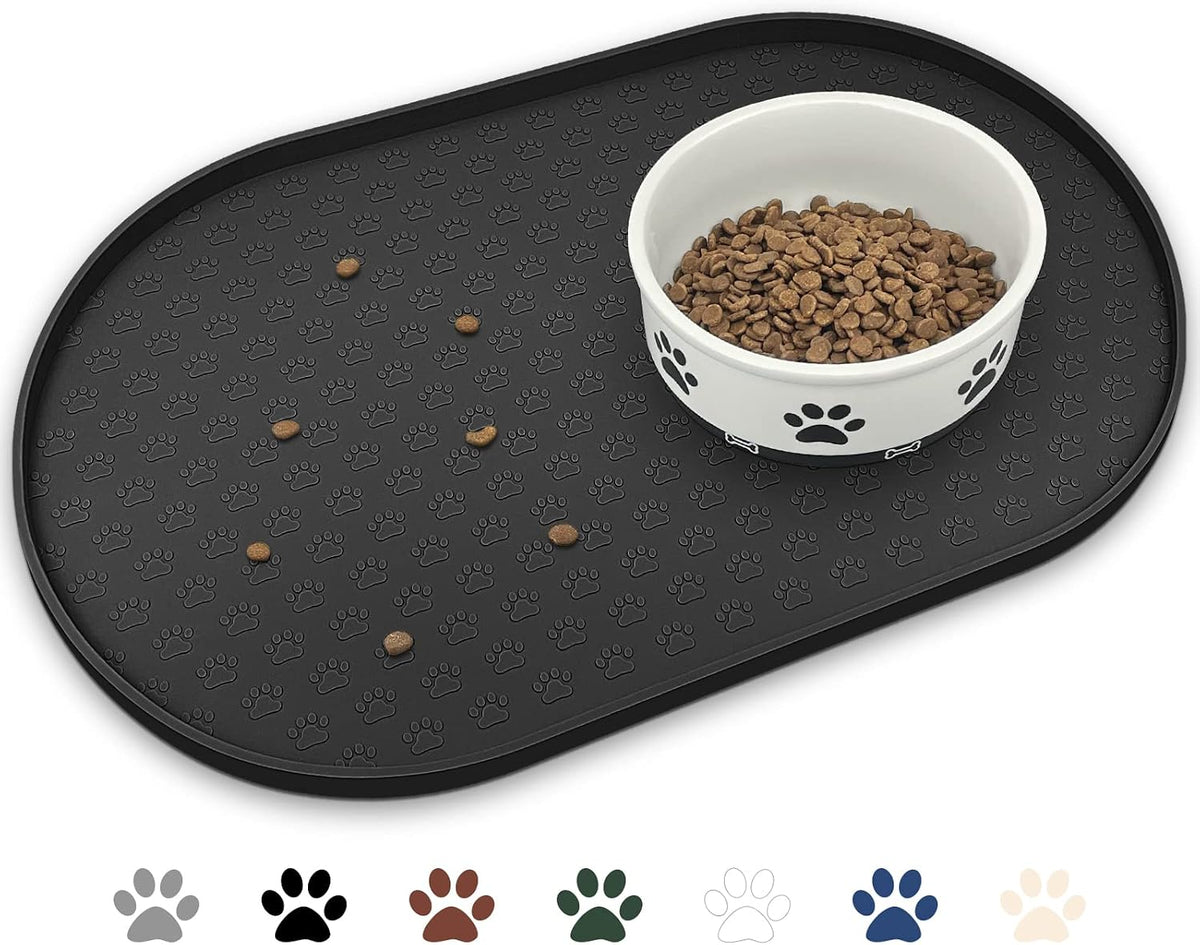 Dog Food Mat Spill-Proof Silicone Dog Bowl Mat Raised Edge Pet - Black / 19"L x 12"W