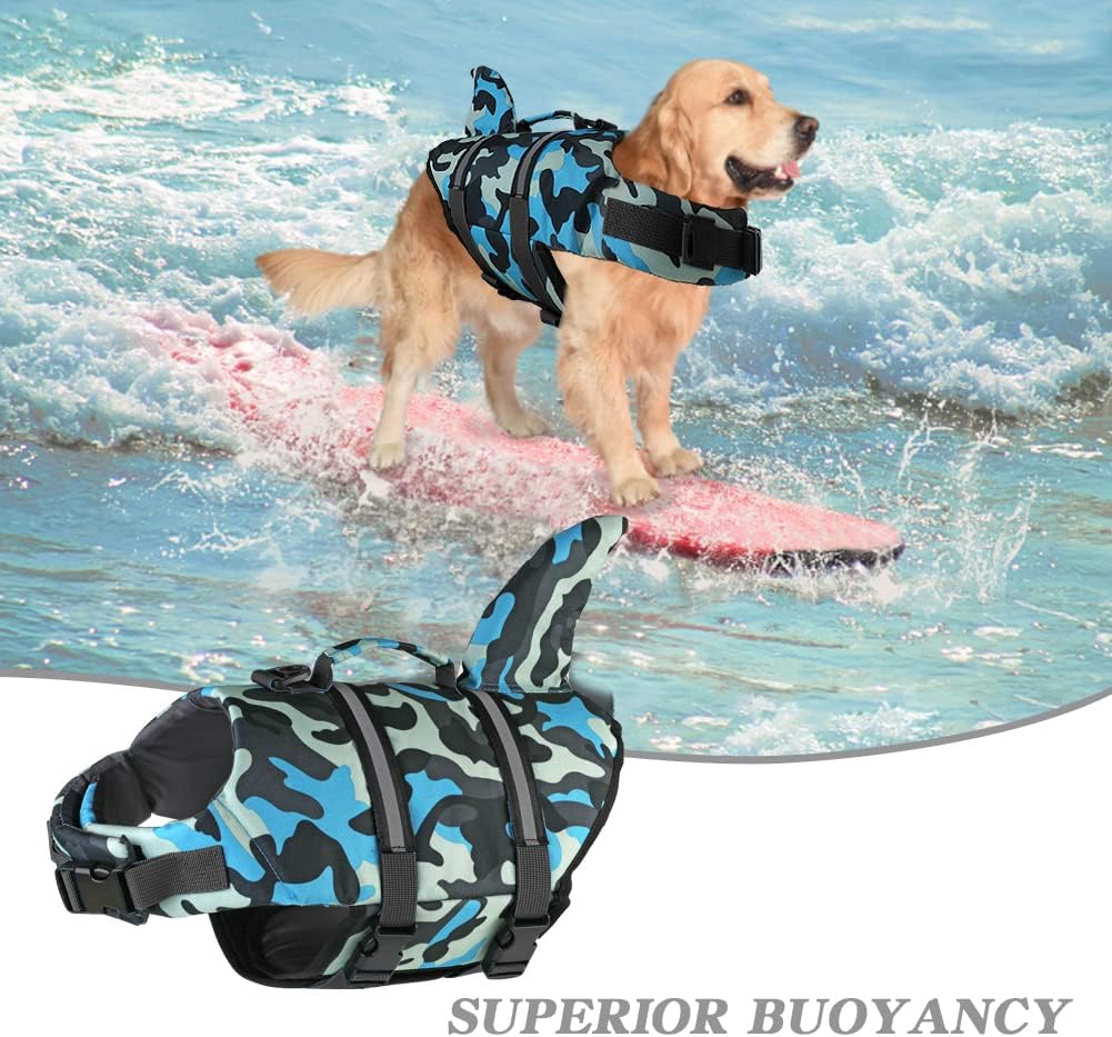 Doglay Dog Life Vest, Ripstop Shark Life Jacket - Large / Blue Camouflage-Shark - image 4