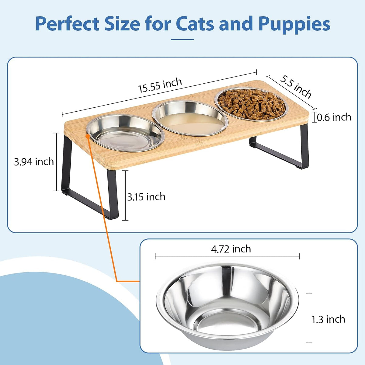 Elevated Cat Bowls, 15° Tilted Glass Raised Cat Food and Water Bowl – Essentials for Cats - 3 Stainless Steel Bowls - image 4