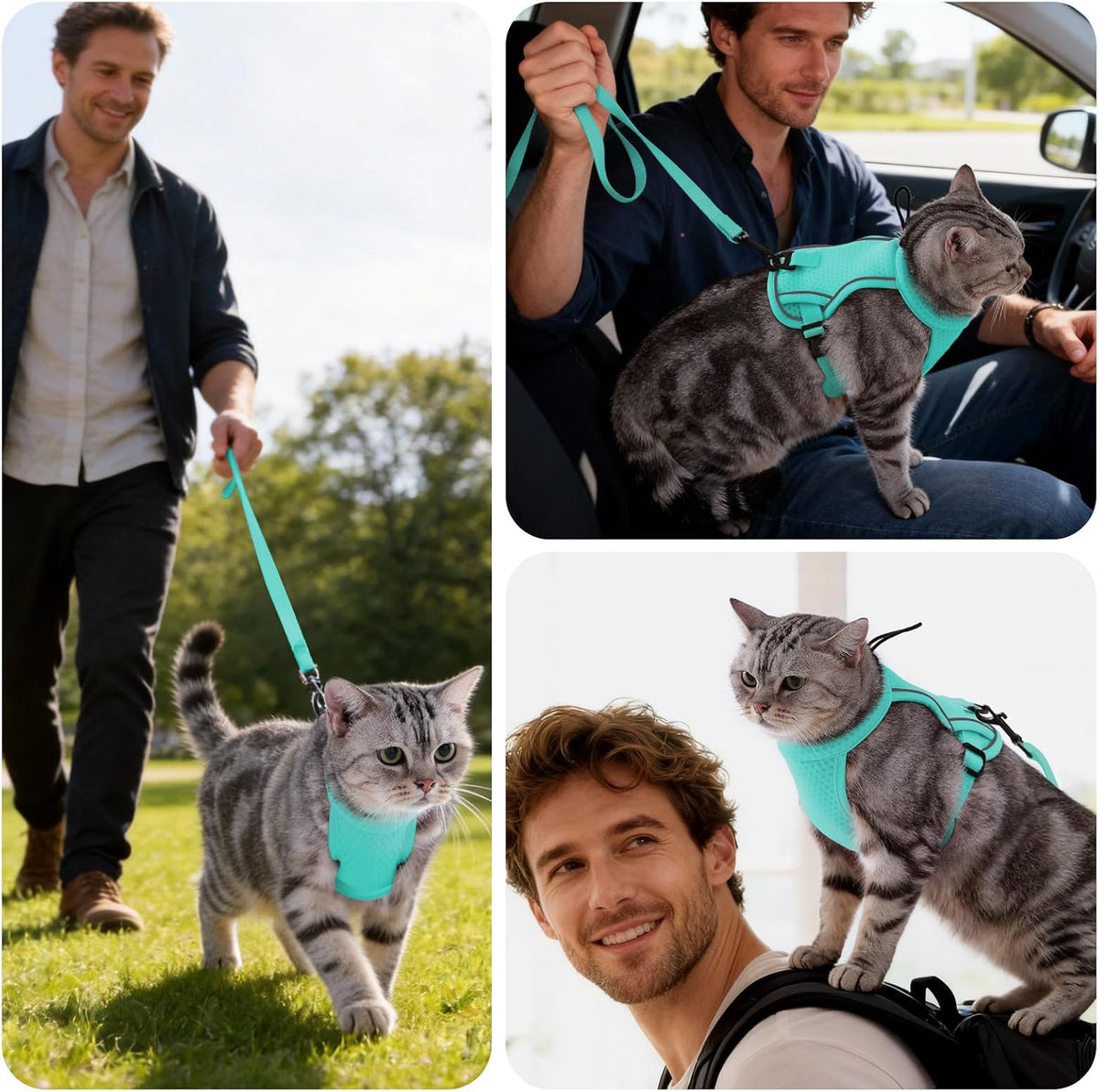 Dotoner Escape Proof Cat Harness and Leash Set Adjustable Soft Mesh - Turquoise / Large - image 2